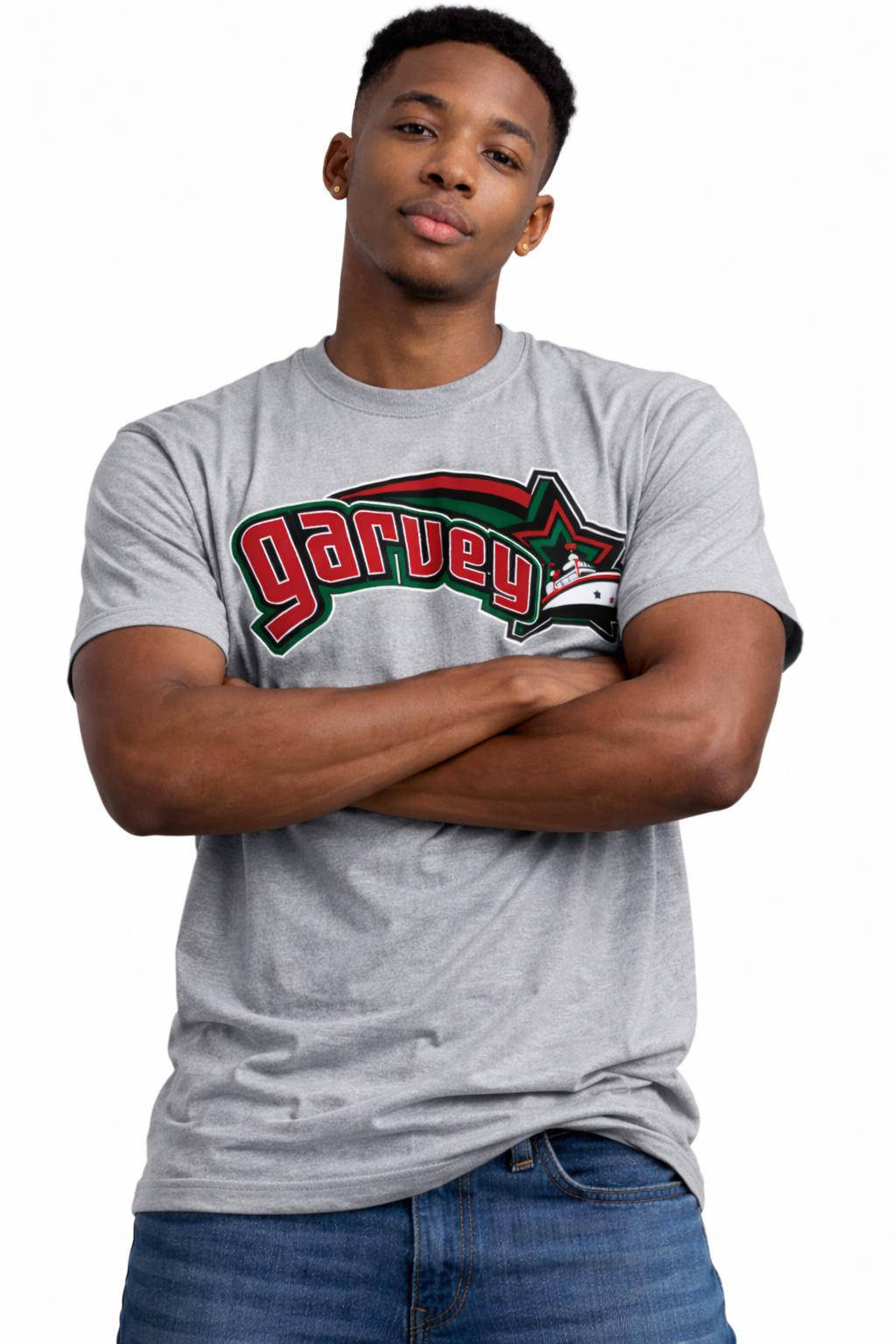 Person wearing a gray t-shirt with &